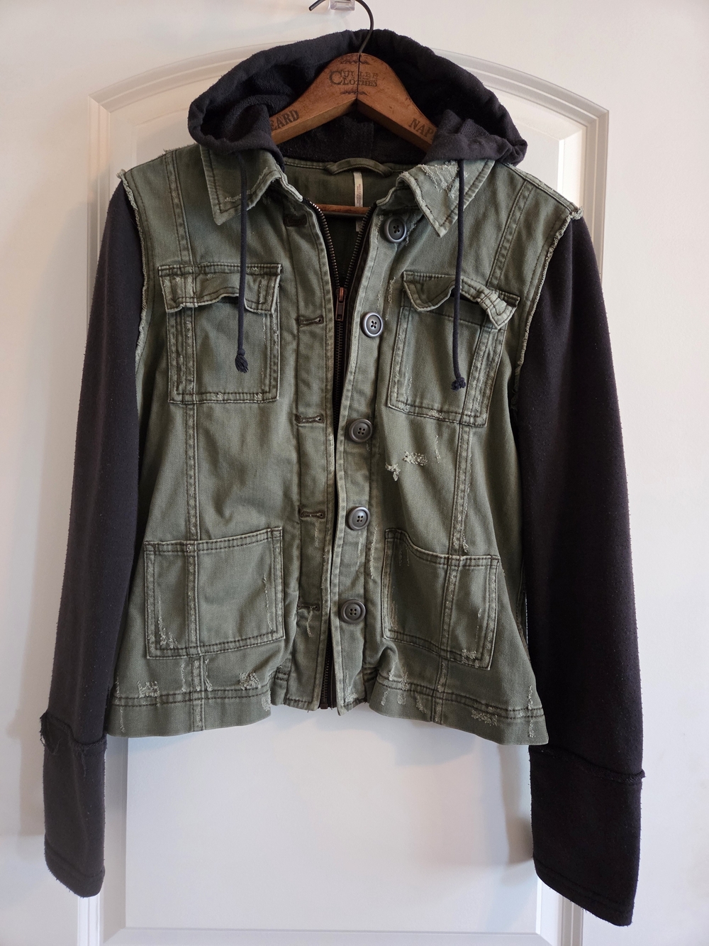 Free People Knit Hooded Twill Utility Jacket XS Distressed Olive Green Black Mix